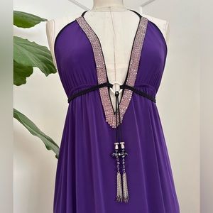 DONATELLA sweeping deep V open back gown w/ rhinestones + tassels in eggplant